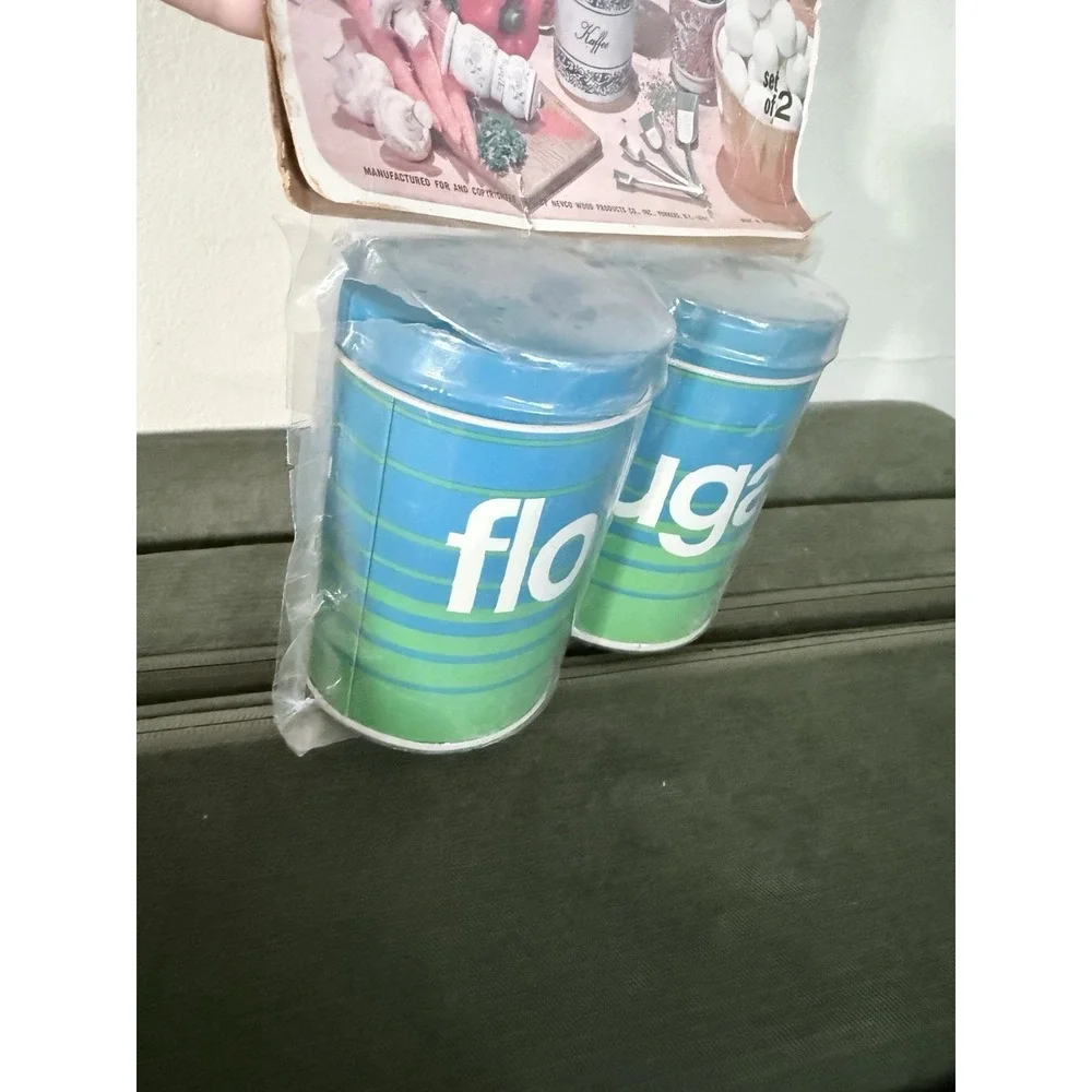 Vintage 70s MCM Groovy Blue Green Metal Canister Set of 2 Retro Sugar & Flour